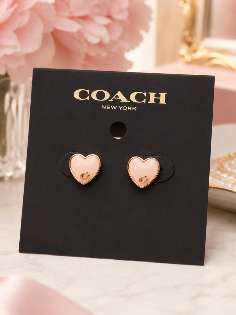 Coach Heart Logo Stud Earrings Pink Enamel Gold Tone NWT